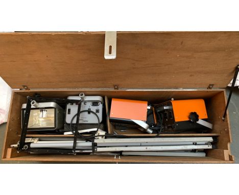 A plywood box containing a quantity of photographic lighting equipment, to include a pair of Power Flash AM200 lights, a pair