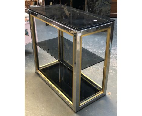 A smoked glass and chrome console table, with two smoked glass undershelves, 76x37x74cm 