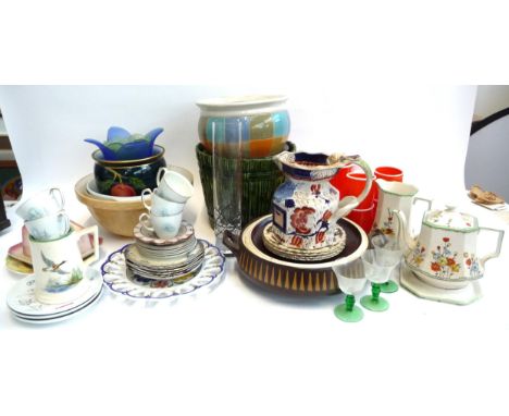 A mixed lot of ceramics to include Ironstone dragon handled jug, Devon ware poppy teapot and milk jug, mid century orange gla