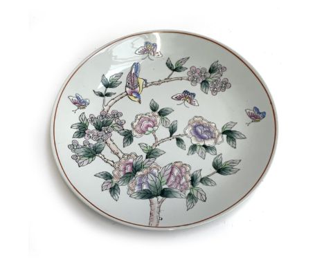 A large Chinese ceramic charger with enamelled floral design, bird and butterflies, 36cmD 
