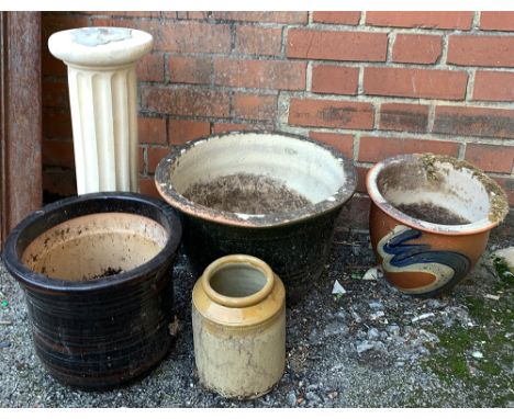 A number of ceramic planters and a stoneware jar, together with a garden column 