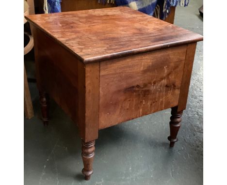 A 19th century mahogany commode, hinged lid on turned legs, 46x48x47cmH 