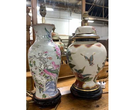Two ceramic baluster table lamps with floral design in hardwood bases, the tallest 44cmH to top of fitting 