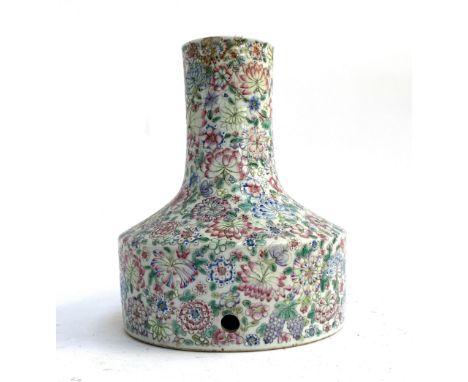 A ceramic lamp base of compressed form, profusely enamelled with interlocking florals (af), 31cmH 