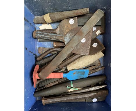 A mixed box of various masons chisels; together with a further box of hand tools, mostly screwdrivers 
