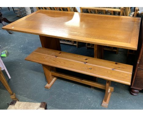A light oak kitchen table on refectory style base, 153x77x76cmH; together with a pine bench 
