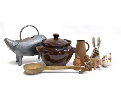 A mixed lot to include urban ware twin handled pot, 26.5cmH, metal pig watering can, wooden ladle, etc 