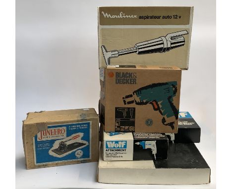 A mixed lot of automobilia interest and other tools to include, a Juneero patent multi purpose tool, Wolf portable saw, Wolf 