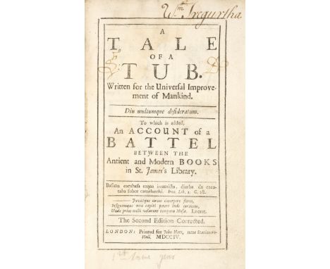 Swift (Jonathan). A Tale of a Tub, 2nd edition, London: for John Nott, 1704, leaf A1 pasted to inside of front board, retaini