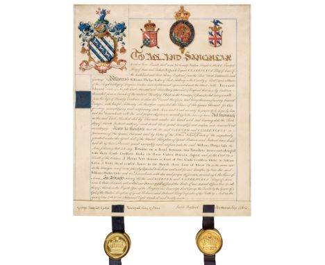 * Grant of Arms. Manuscript grant of arms for William Phelps Vaile of West Malling, Kent, 1827, illuminated manuscript on sin
