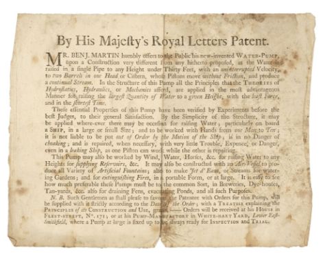 * Water-Pump Broadside. By His Majesty's Royal Letters Patent. Mr. Benj. Martin humbly offers to the Public his new-invented 