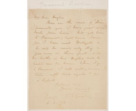 * Gordon (Charles George, 1833-1885). Autograph letter signed, 'C.G. Gordon', Galatz [Galati], Romania, 4 February 1873, to H