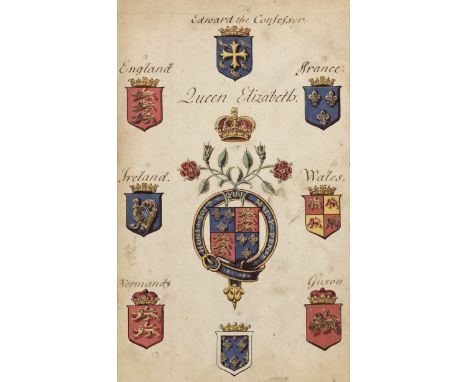 * Heraldry manuscript. 15 leaves of armorials of British nobility, circa 1700, copied from/part of a larger work, with approx