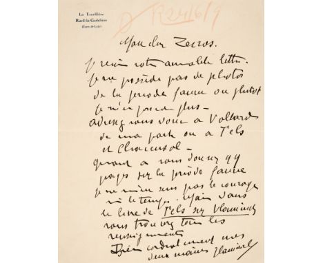 * Vlaminck (Maurice de, 1876-1958). French Artist. Autograph Letter Signed, 'Vlaminck', Rueil-la-Gadeliere, no date, to [Chri