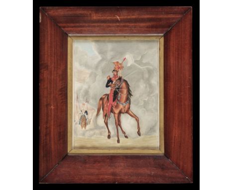 * English School. 12th Lancers circa 1814, watercolour on paper, unsigned, 20 x 15.5cm (8 x 6ins), period mahogany frame, gla