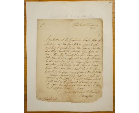 * Canadiana. An autograph letter signed, 'Nottingham', by Daniel Finch, 2nd Earl of Nottingham, Whitehall, 14 November 1702, 