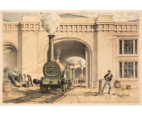 * Railways. Bourne (J. C.), Entrance to the Locomotive Engine House, Camden Town, [1839], hand-coloured lithograph, slight sp