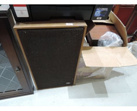 A vintage Wharfedale speaker and a pair of vintage Hitachi speakers