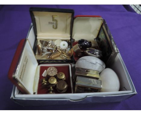 A box of gents cufflinks and studs, marble eggs, pill boxes etc