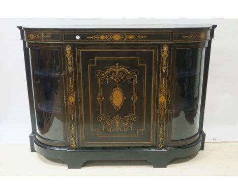 A 19TH CENTURY EBONISED AND MARQUETRY INLAID CREDENZA, the rectangular breakfront top above the frieze decorated with classic
