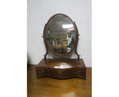 A 19TH CENTURY MAHOGANY AND MARQUETRY DRESSING TABLE MIRROR, the oval plate with shaped side supports above the serpentine ba