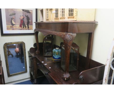 A CHIPPENDALE STYLE MAHOGANY SIDE TABLE, the rectangular top with gadrooned rim, on cabriole legs,82cms x 132cms x 30cms.