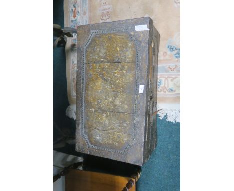 A PINE AND STEEL BOUND TRUNK, 33cms x 69cms x 39cms.