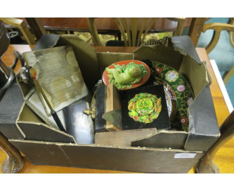 A BOX LOT, to include an oak cased barometer, plated ware, minton tiles, cameras etc.
