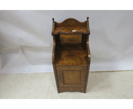 A ROSEWOOD AND MARQUETRY INLAID SIDECABINET,  the raised superstructure with an open shelf and rectangular bevelled plate hea