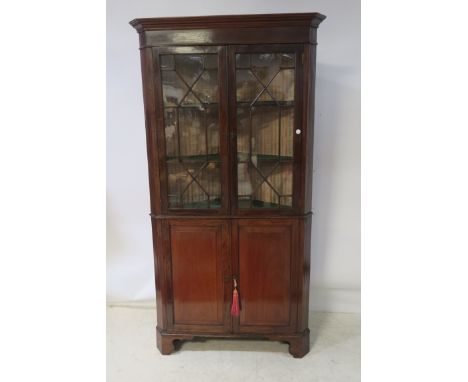 A 19TH CENTURY MAHOGANY CORNER CABINET, the moulded cornice above a plain frieze with a pair of astragal glazed doors reveali