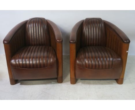 A VERY FINE PAIR OF MAHOGANY FRAMED ART DECO STYLE TUB SHAPED ARMCHAIRS, the brown leather upholstered back and seat between 