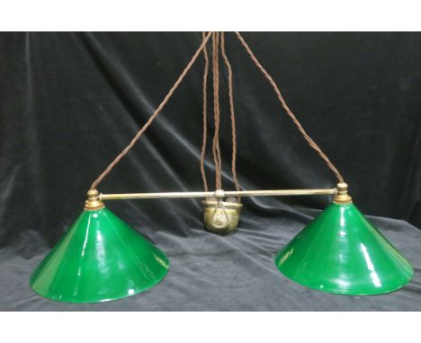 A BRASS & CHROME TWO LIGHT FALL AND RISE CENTRE LIGHT, with green and opium glass shades 70cms wide 