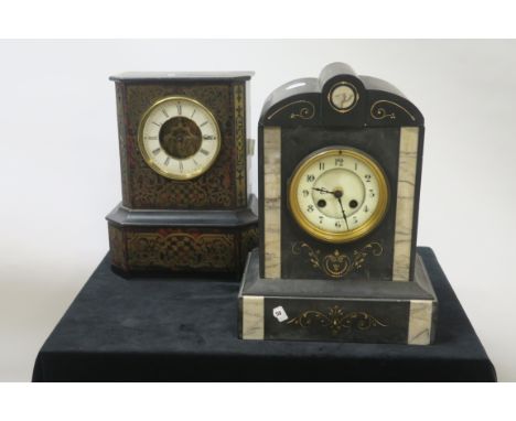 AN EBONISED AND BOULLE WORK MANTLE CLOCK, of rectangular form with white enamelled dial black Roman numerals together with a 