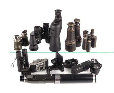 A collection of camera and optical equipment. To include an Agfa Karat camera, a Jessops power winder for Minolta, a universa