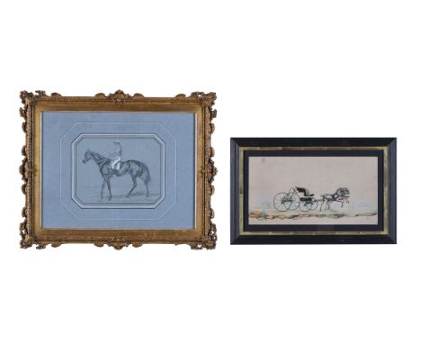 FRENCH SCHOOL (CIRCA 1860)PORTRAIT OF A HORSE AND JOCKEYPencil and chalk on blue paper21 x 28cm (8¼ x 11 in.) (2)Together wit