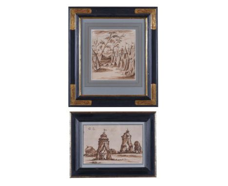 ITALIAN SCHOOL (18TH CENTURY)TWO STAGE SET DESIGNS, COMPRISING; AN ENCAMPMENT WITH TENTS; A ROYAL ENCAMPMENTPen and ink with 