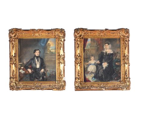 ENGLISH SCHOOL (19TH CENTURY)PORTRAIT OF A HUSBAND AND HIS WIFE AND CHILDPastel, watercolour and pencil, a pair31 x 26.4cm (1