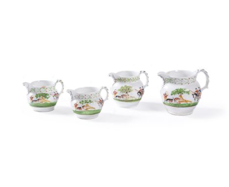 A GRADUATED SET OF NEW HALL BONE CHINA POLYCHROME HUNTING JUGSCIRCA 1820One with printed mark, 13.5cm high and smallerConditi