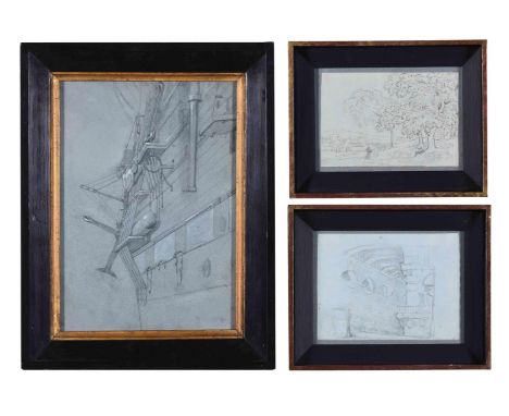 FRENCH SCHOOL (CIRCA 1850)STUDY OF THE SIDE OF A SHIP (PORT OR STARBOARD?)Black and white chalks on blue paper35 x 24.5cm (13