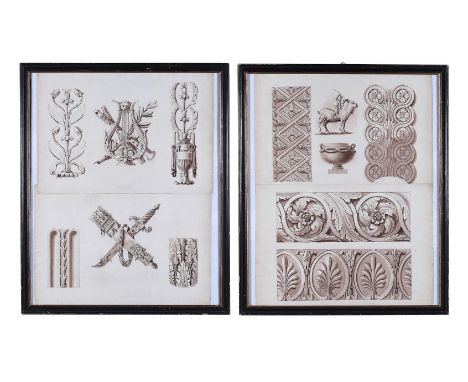 HENRY BAILEY (BRITISH 1817-1894)FOUR DESIGNS FOR NEO-CLASSICAL FRIEZES AND ARCHITECTURAL ORNAMENTS (IN TWO FRAMES)Pen, ink an