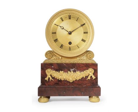 Y A GILT-METAL AND RED-MARBLE MOUNTED MANTEL TIMEPIECE IN DRUM CASEBY HAY, LONDON, CIRCA 1820After a design by Benjamin Vulli