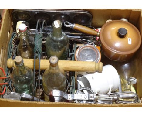 Various kitchenalia, including Le Creuset pan, large wicker bottle carrier etc 