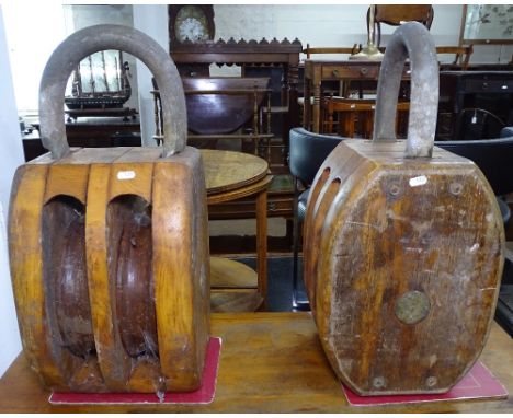 A pair of Vintage Dutch pine pulley blocks, by FA.W Roest Holland, with brass label, H60cm 