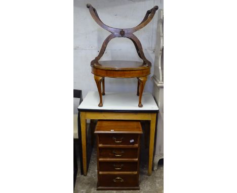 A Vintage kitchen table, a narrow 4-drawer chest, a piano stool, and a circular occasional table (4) 