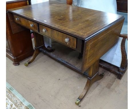 A 19th century rosewood sofa table, 2 frieze drawers, on tablet-end supports and turned stretcher, W99cm, H76cm 