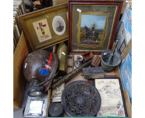 A Vintage Elaul miner's helmet lamp, trench art cannon shell jug, cast-iron plate, militaria ephemera etc 