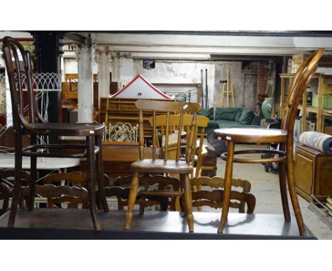 A Mundus bentwood side chair, another, and a child's Antique elm-seated stick-back chair 