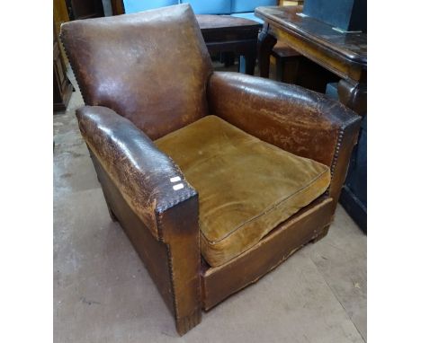 A Vintage brown studded leather Club armchair 