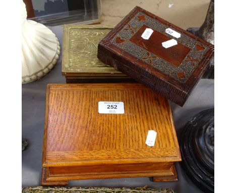 Brass-bound wood box, stained wood playing card box, and a musical State Express Cigarettes box, largest length 19cm (3) 