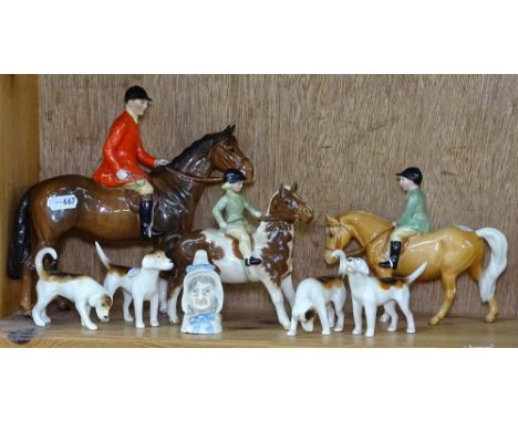 Beswick porcelain hunting set, including huntsman, 2 Beswick children on ponies, Beswick hounds, fox and a Royal Worcester ca